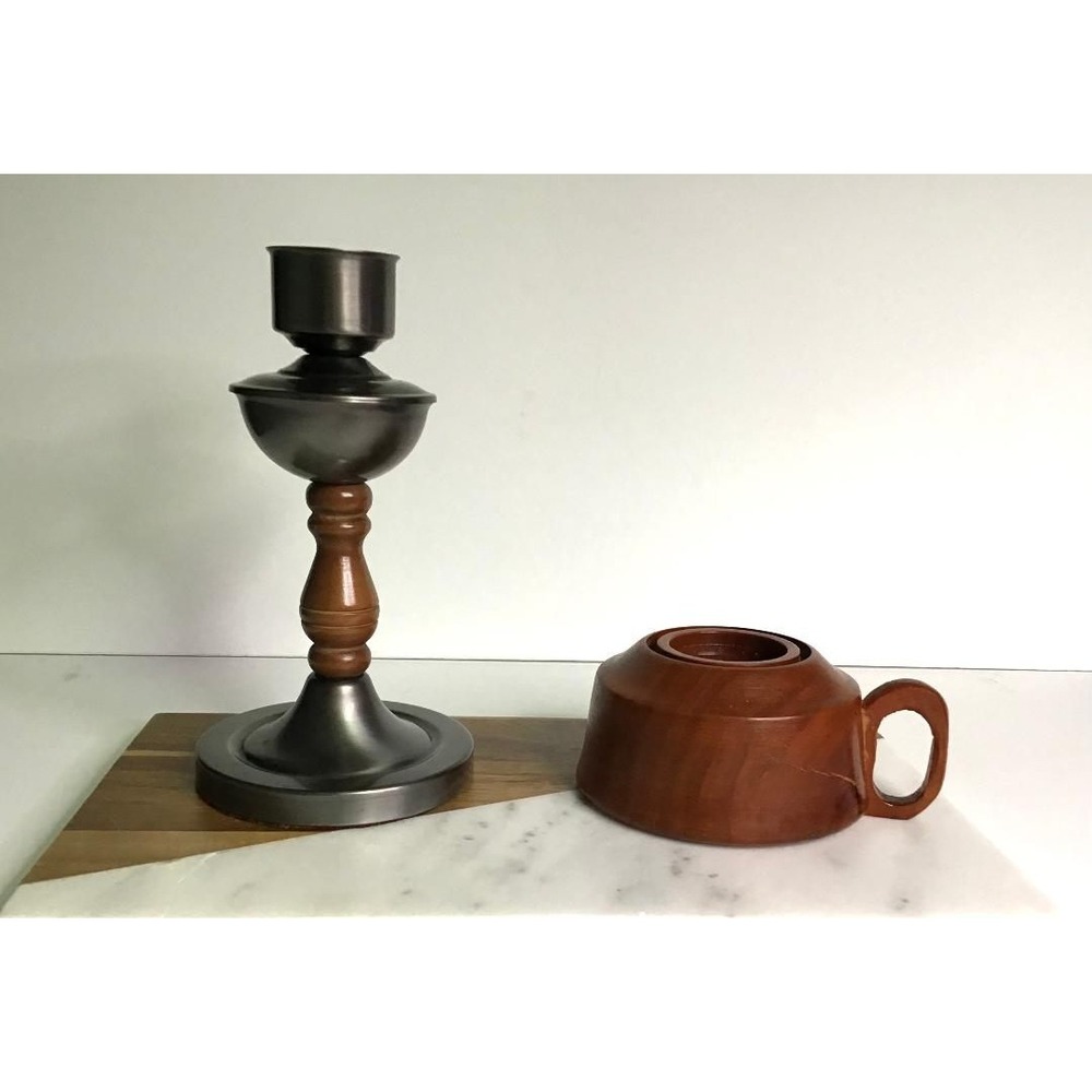 Vintage Pewter and Wood Candlestick & Cherry Wood Hand Turned Chamberstick 1977